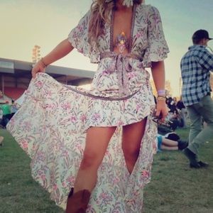 Dresses - Boho Floral Print Deep V Tie High/Low Dress Dresses - Boho Floral Print Deep V Tie High/Low Dress